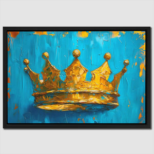 a painting of a gold crown on a blue background