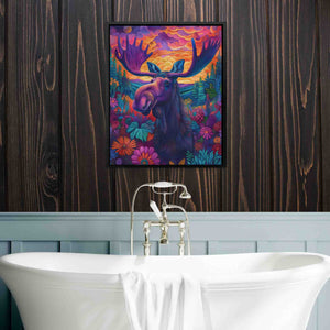 a painting of a moose is hanging above a bathtub