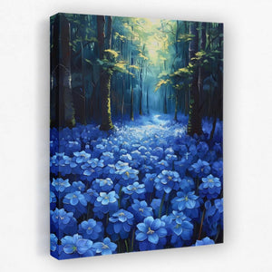 a painting of blue flowers in a forest