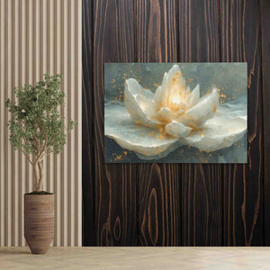 a painting of a white flower on a wooden wall