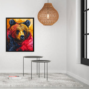 a painting of a bear is hanging on a wall