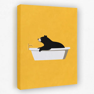 a black bear sitting in a bathtub on a yellow background