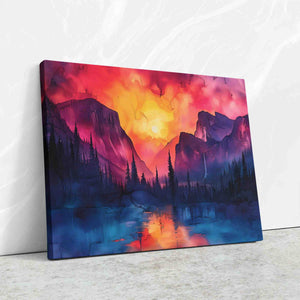 a painting of a mountain lake with a sunset in the background