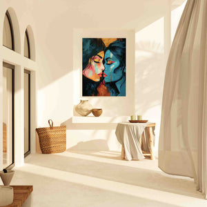 a painting of a woman kissing a man in a white room