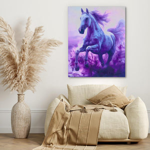 a painting of a horse on a wall above a couch