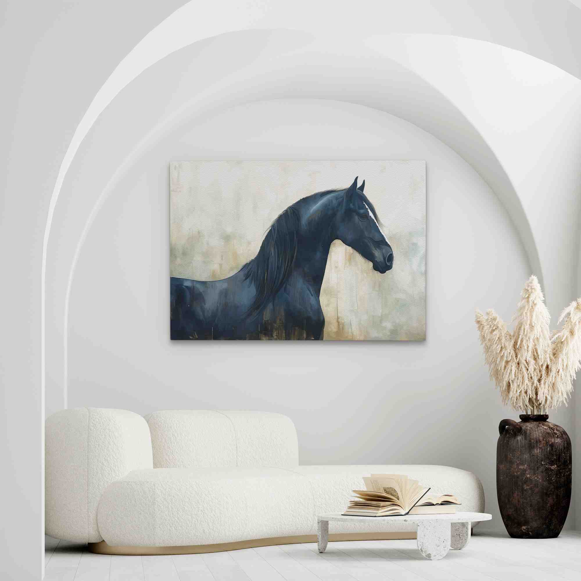 a painting of a black horse on a white wall