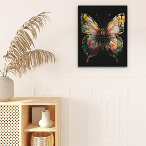 a painting of a colorful butterfly on a black background