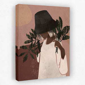 a painting of a woman with a hat holding a plant