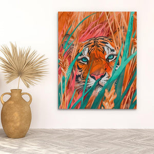 a painting of a tiger in the grass