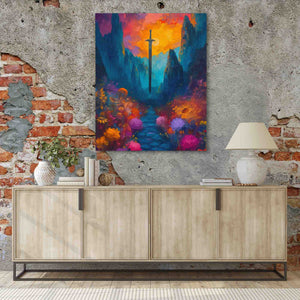 a painting hanging on a brick wall next to a sideboard