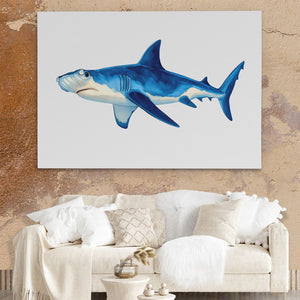 a living room with a couch and a painting of a shark