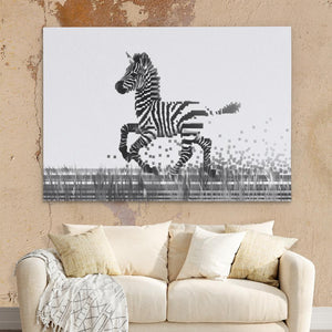 a living room with a couch and a zebra painting on the wall