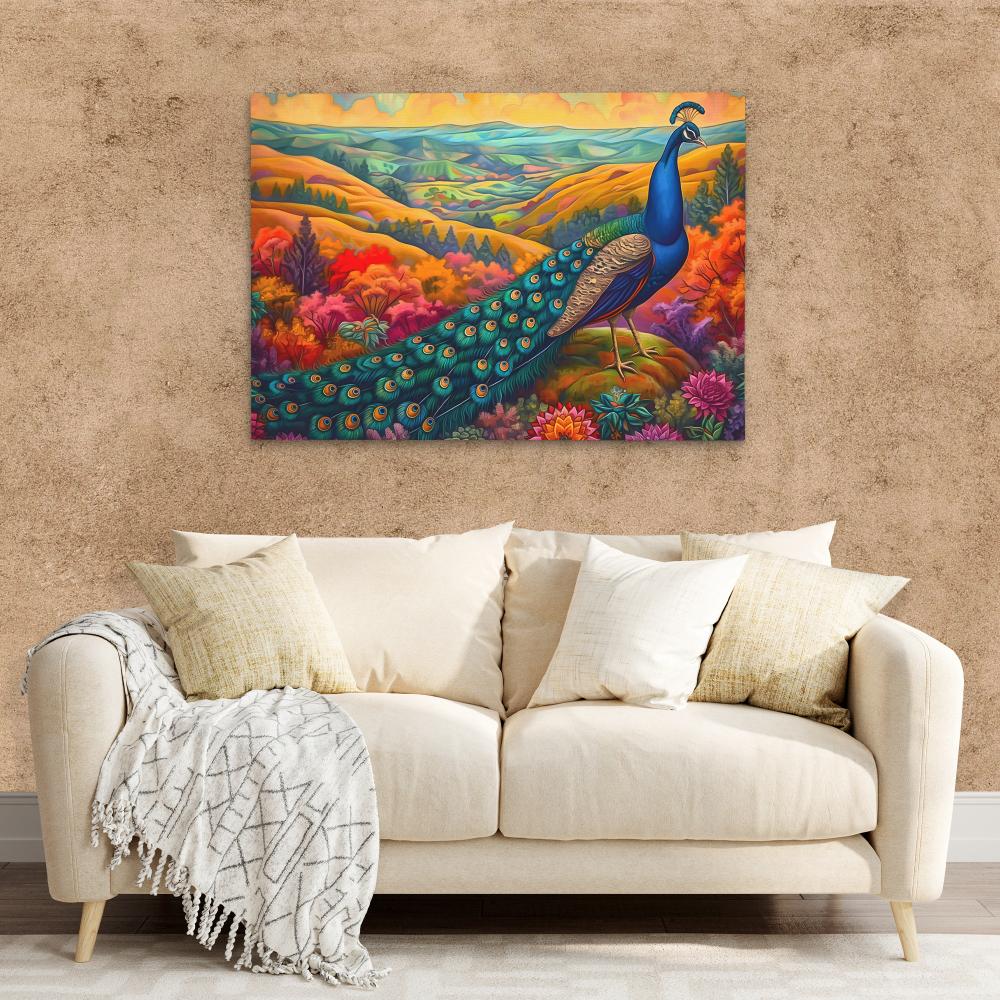 a painting of a peacock on a white wall