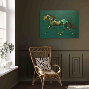 a painting of a horse on a green wall