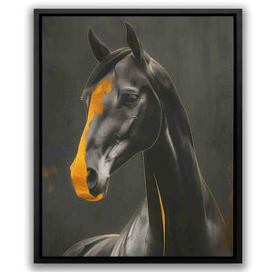 a painting of a black horse with a yellow stripe