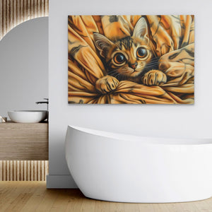 a painting of a cat peeking out from under a blanket