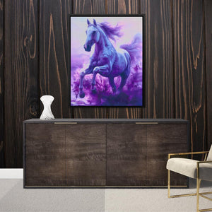 a painting of a horse on a wall next to a chair