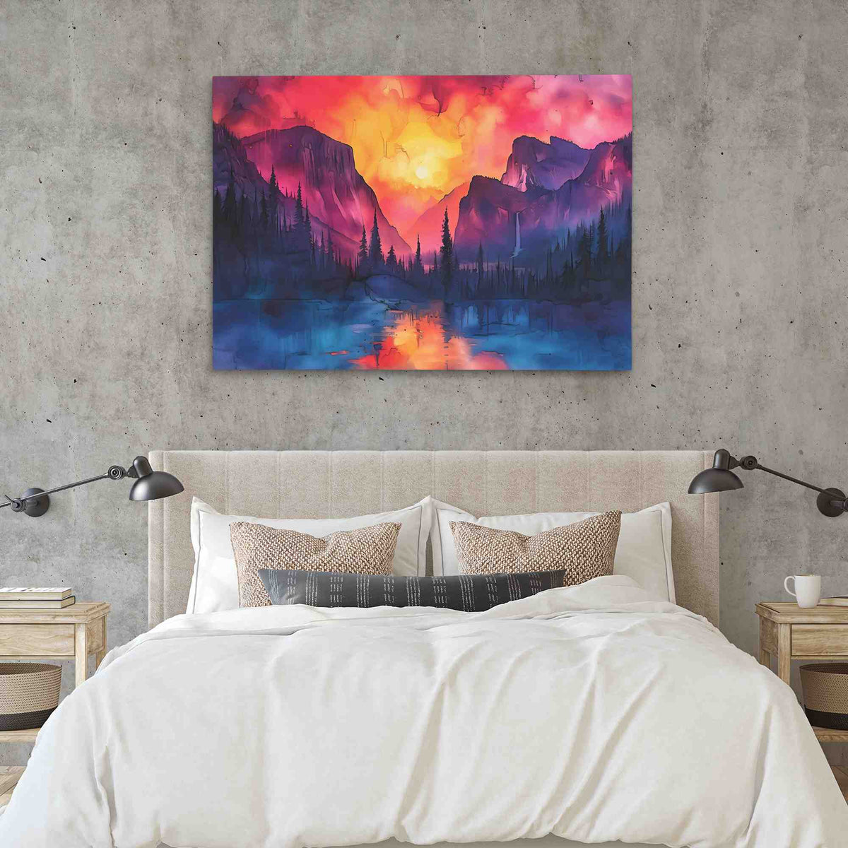a bedroom with a large painting on the wall