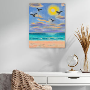 a painting of birds flying over a beach