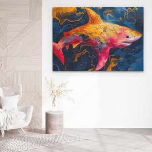 a painting of a goldfish in a white room