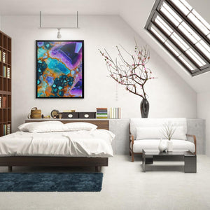 a bed room with a neatly made bed and a painting on the wall