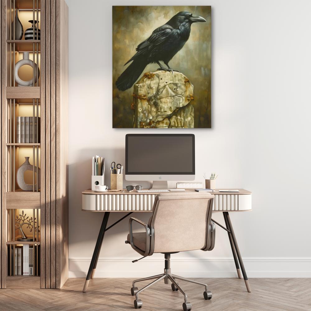 a painting of a black crow sitting on a rock