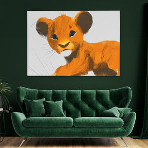 a living room with a green couch and a painting of a lion