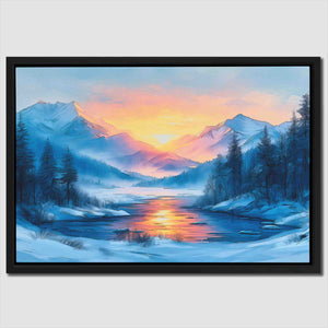 a painting of a snowy landscape with a lake in the foreground