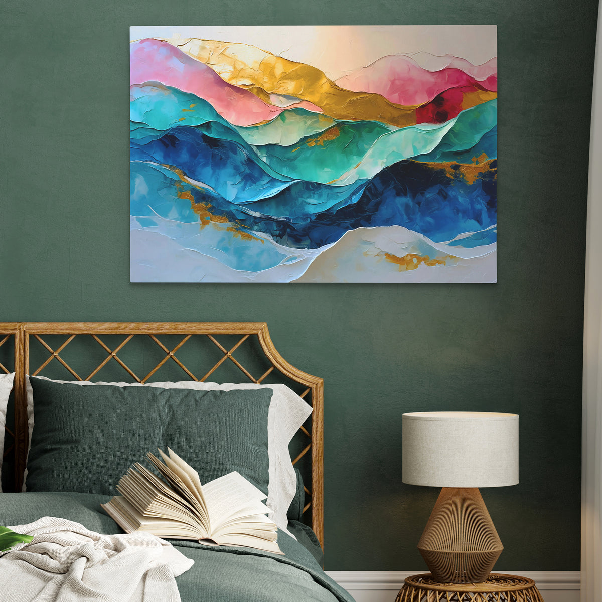 a bedroom with green walls and a painting on the wall