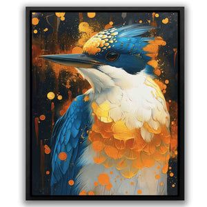 a painting of a blue and white bird