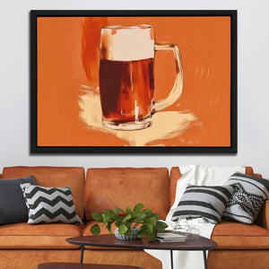 a painting of a mug of beer on an orange background