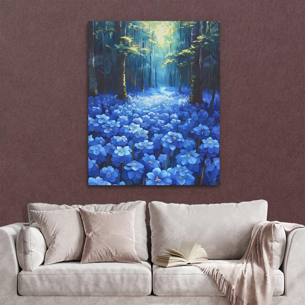 a painting of blue flowers in a forest