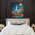 a painting of a lighthouse on a wall above a bed