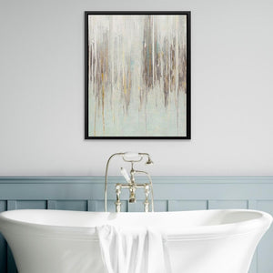 a bathroom with a bathtub and a painting on the wall