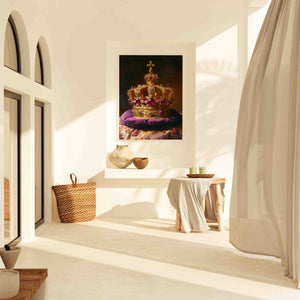 a white room with a painting of a crown on the wall