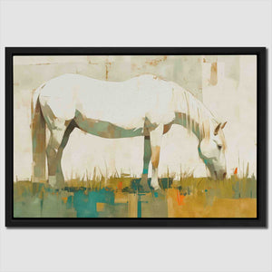 a painting of a white horse eating grass