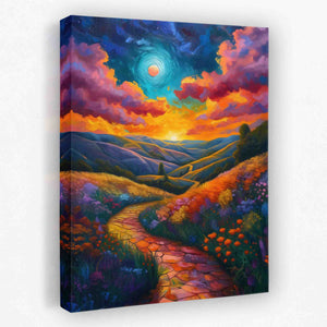 a painting of a pathway leading to a sunset