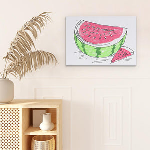 a watermelon painting on a wall next to a potted plant