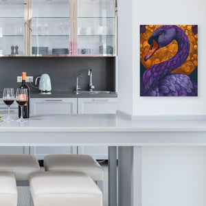 a painting of a purple bird on a kitchen counter