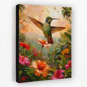a painting of a hummingbird flying over flowers
