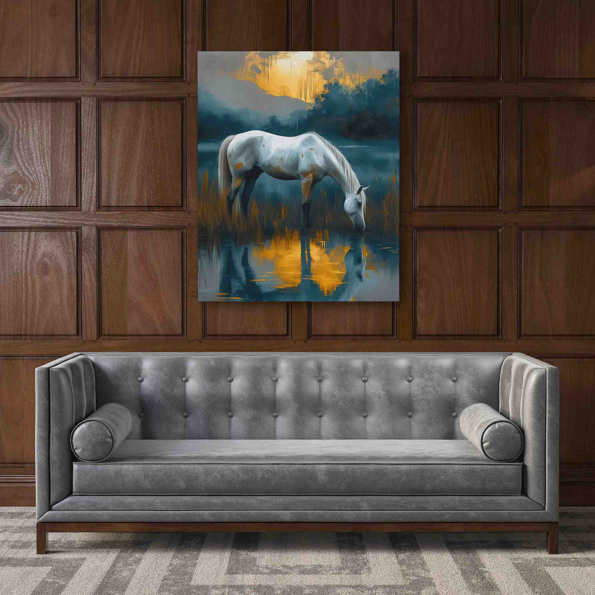 a painting of a white horse drinking water