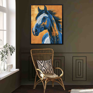 a painting of a blue horse on a brown wall