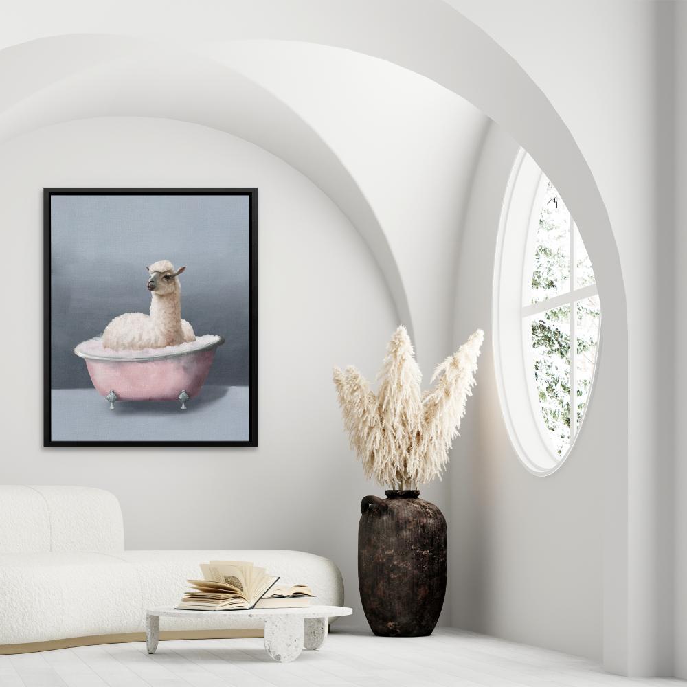 a painting of a llama in a pink bathtub