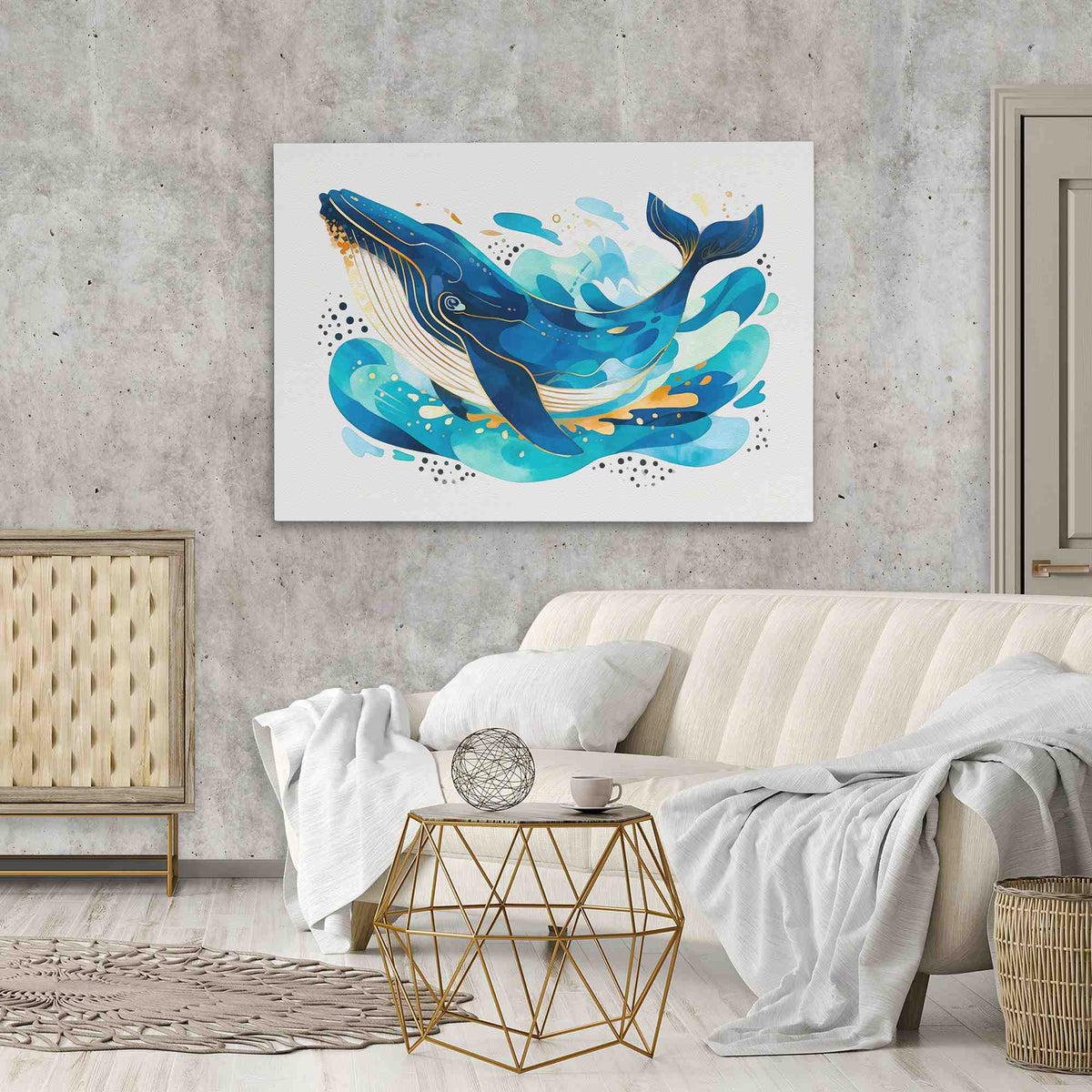 a living room with a couch and a painting on the wall