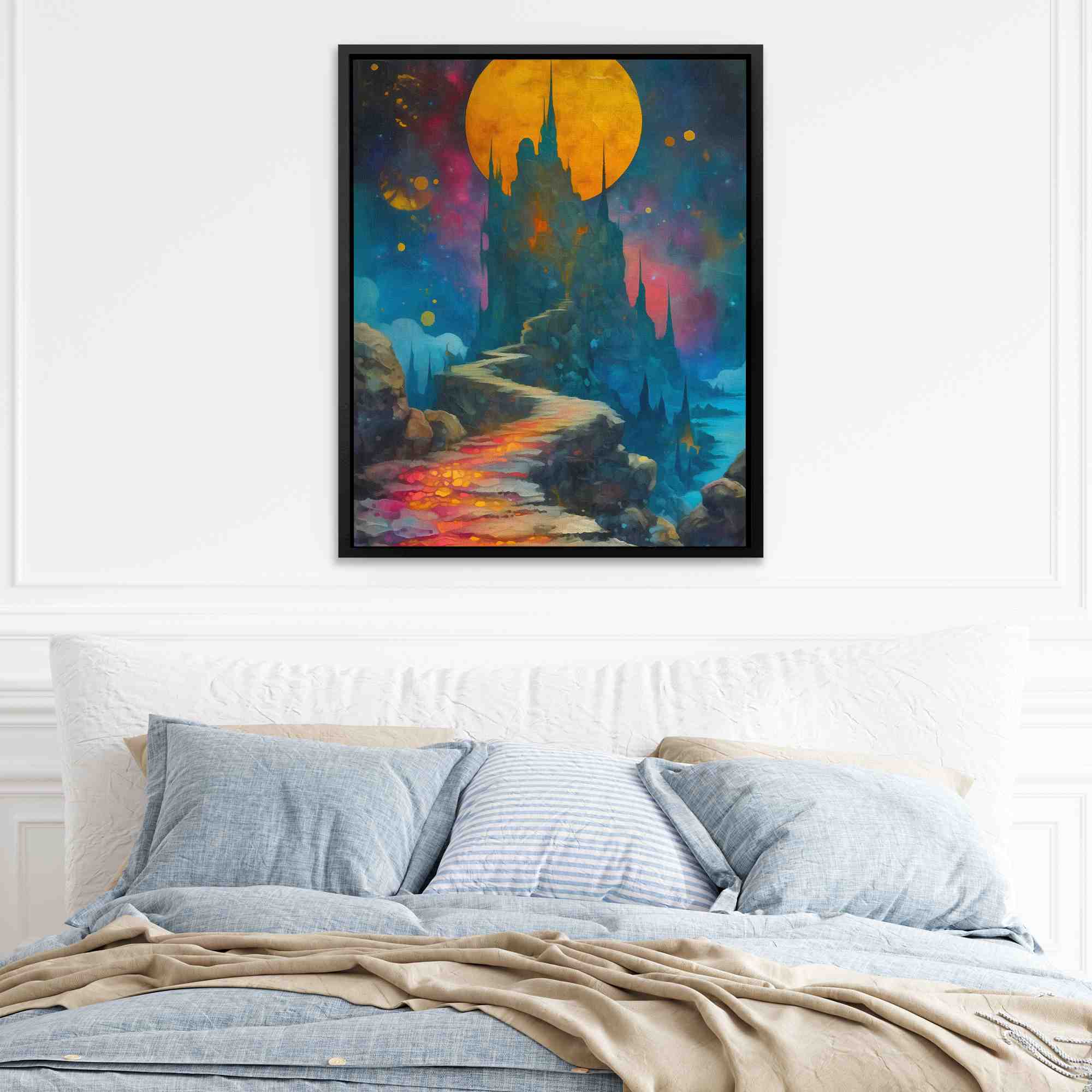 a painting of a castle in the night sky