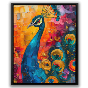 a painting of a peacock in a black frame