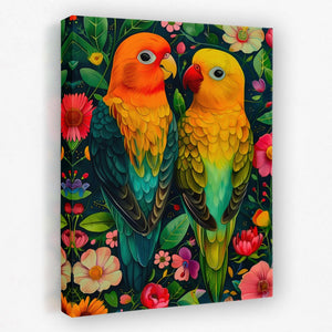 a painting of two colorful birds on a floral background