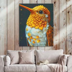 a painting of a colorful bird on a wall