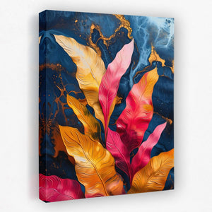 a painting of colorful leaves on a blue background