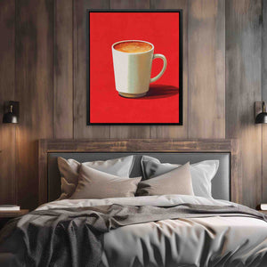 a painting of a cup of coffee on a red background